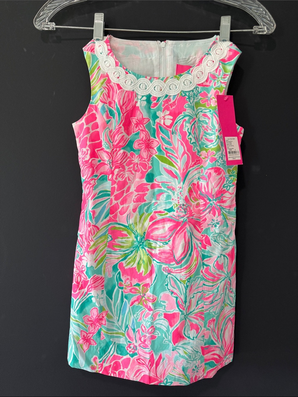Lilly Pulitzer Mini Mila Shift Dress in Pink and Aqua with Lace Trim- 6